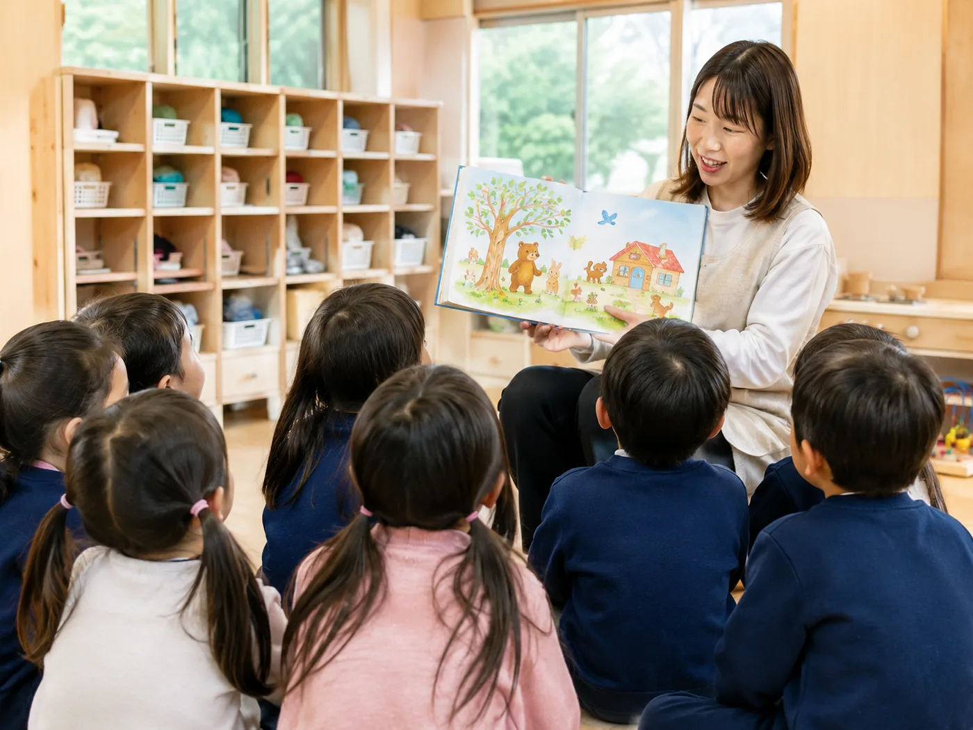 先生の読み聞かせを聞く園児たち